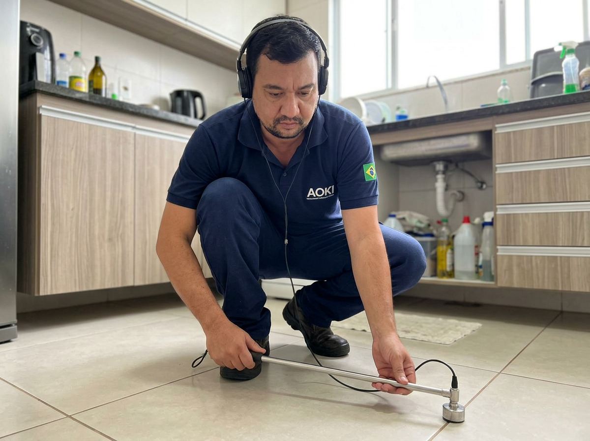 Técnico realizando caça-vazamentos de água em parede