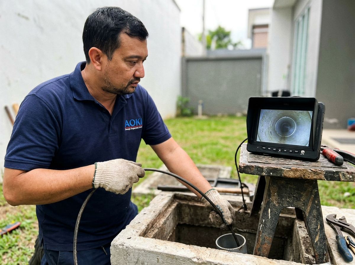 Técnico avaliando vazamento em tubulação de esgoto