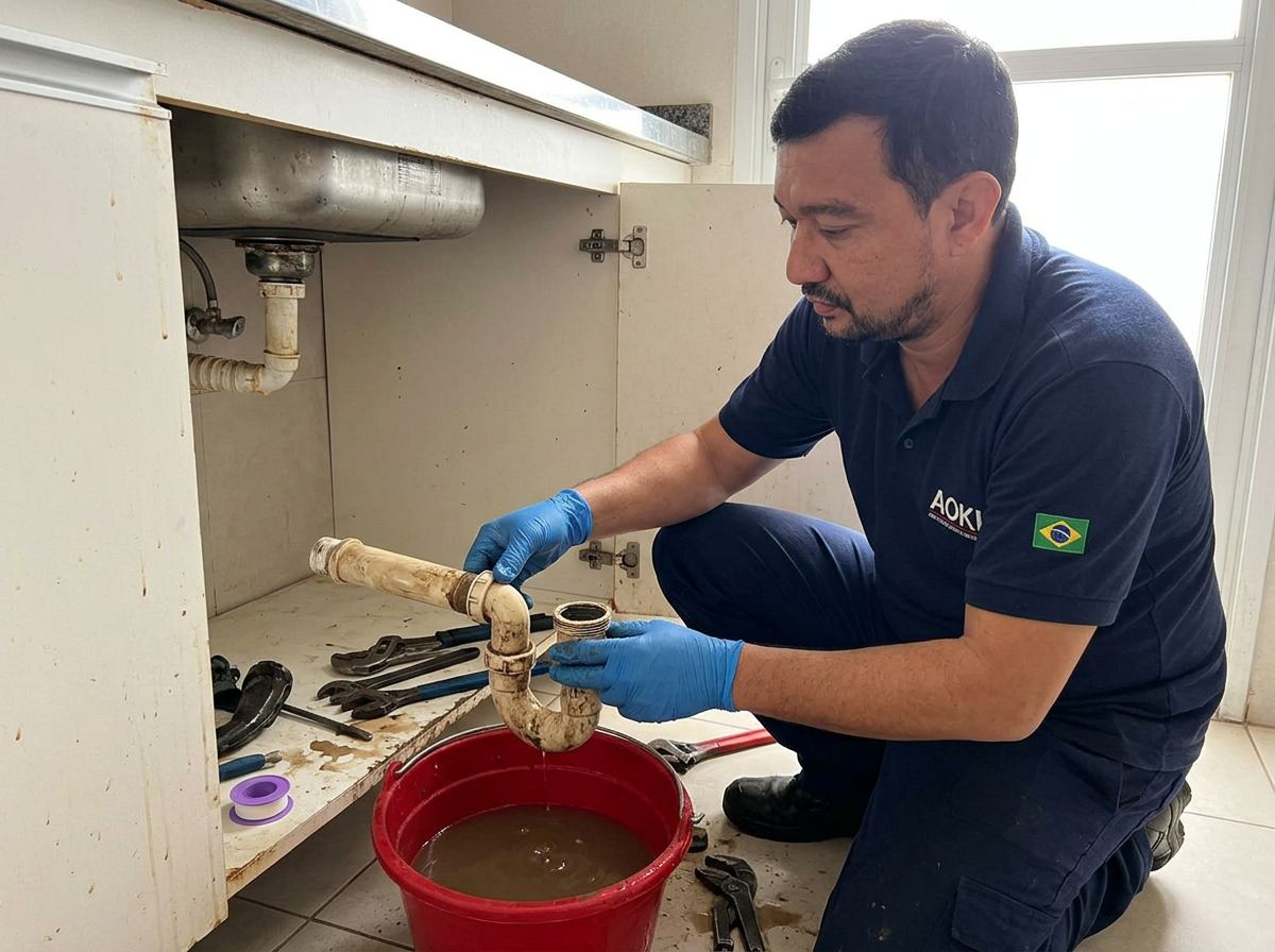 Técnico desentupindo pia de cozinha