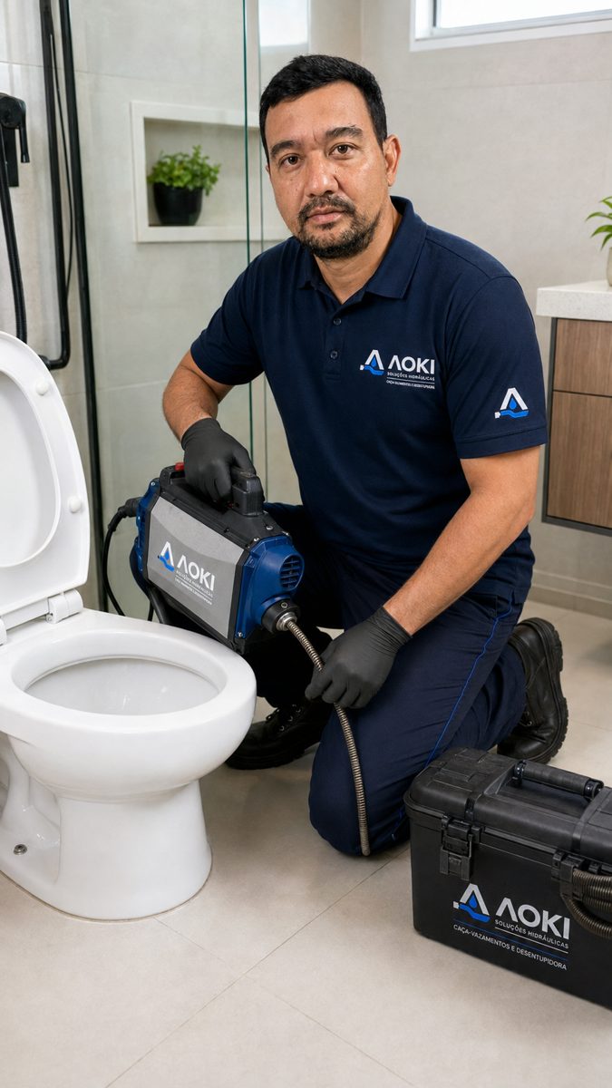 Técnico desentupindo vaso sanitário